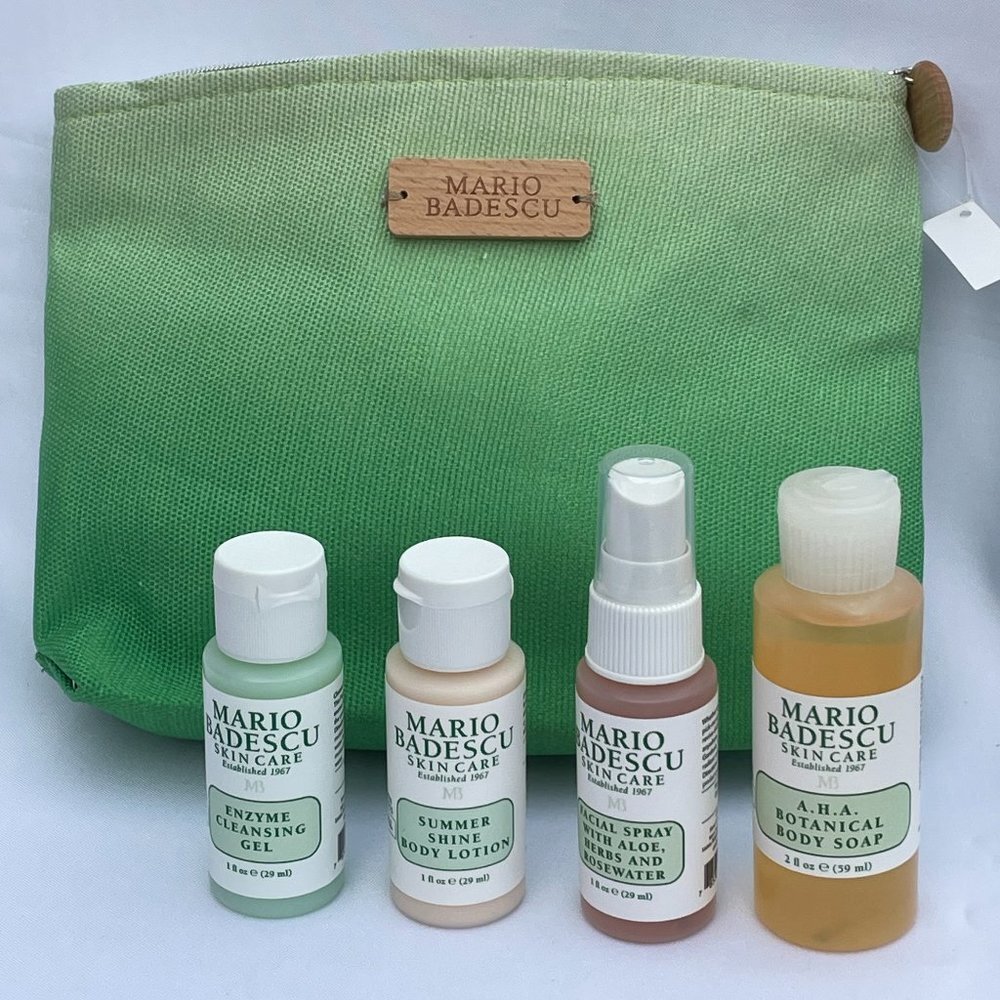 MARIO BADESCU Skincare Set-Green Pouch,Cleansing Gel,Lotion,Soap&Facial-5pc-NEW